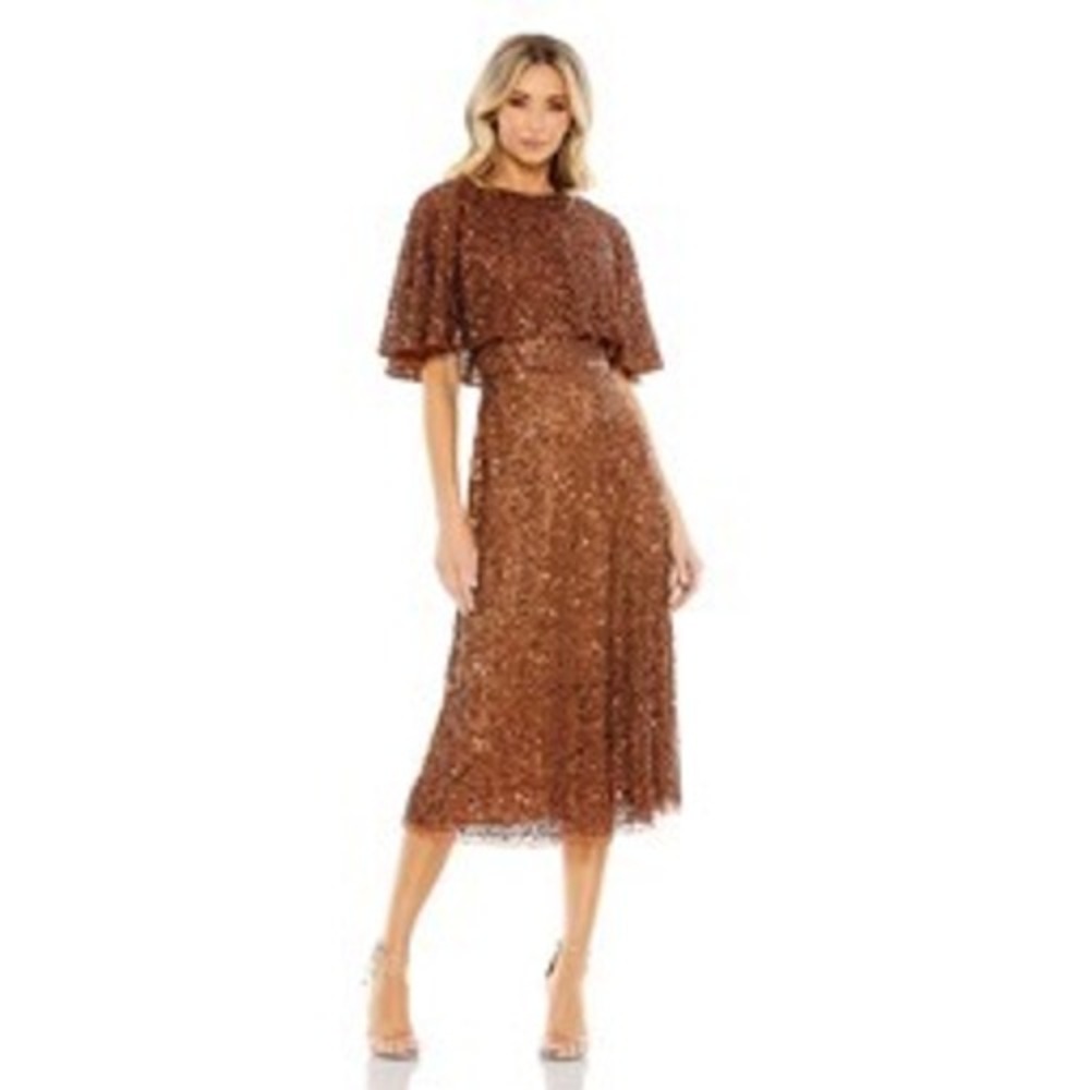 Mac Duggal Copper Sequin Capelet Midi Dress Crystal Waist #5577 Size 6 $498